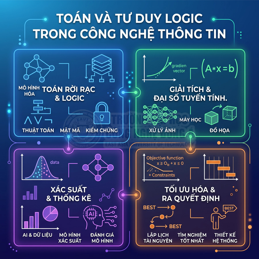 Sơ đồ các mảng toán và tư duy logic ứng dụng trong công nghệ thông tin như giải tích, xác suất, tối ưu hóa