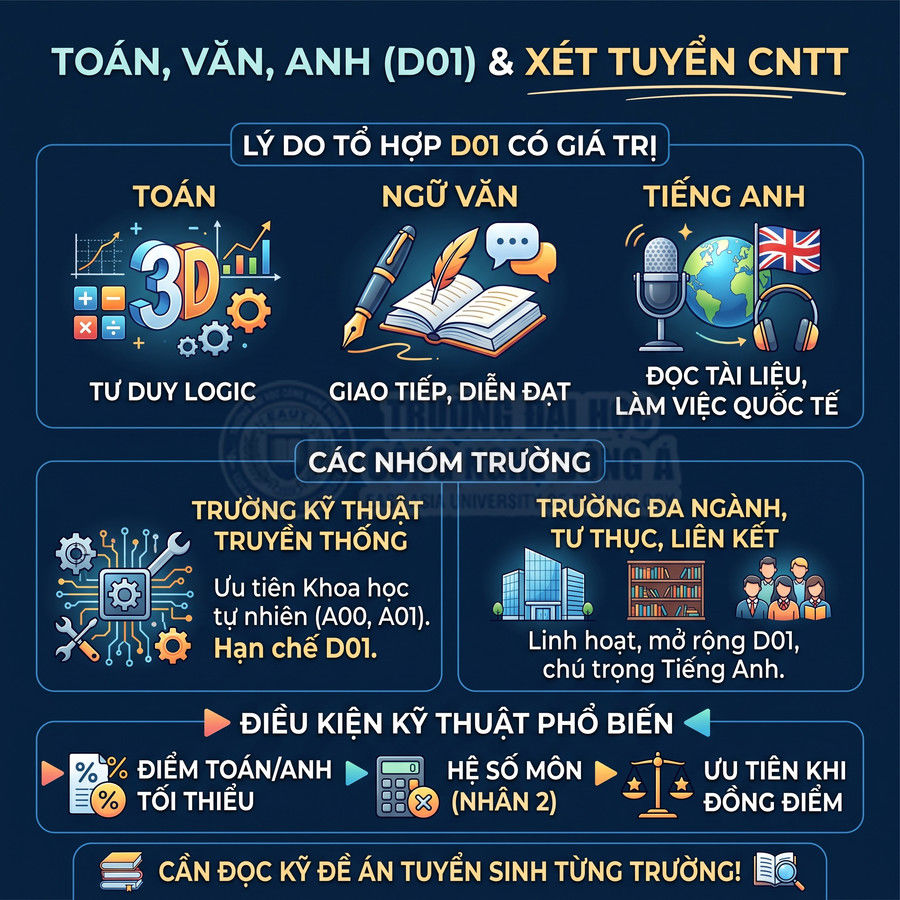 Infographic tổ hợp Toán Văn Anh D01 và xét tuyển CNTT, lý do giá trị, nhóm trường phù hợp và điều kiện kỹ thuật tuyển sinh