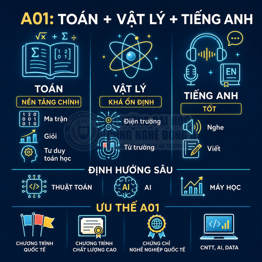 Tổ hợp A01 Toán Lý Tiếng Anh, định hướng thuật toán AI máy học và các chương trình, chứng chỉ quốc tế