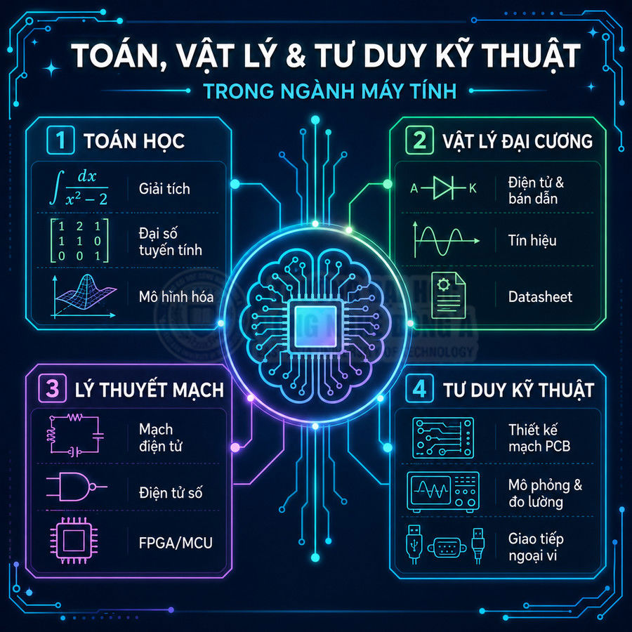 Infographic toán, vật lý và tư duy kỹ thuật trong ngành máy tính với vi xử lý trung tâm phát sáng