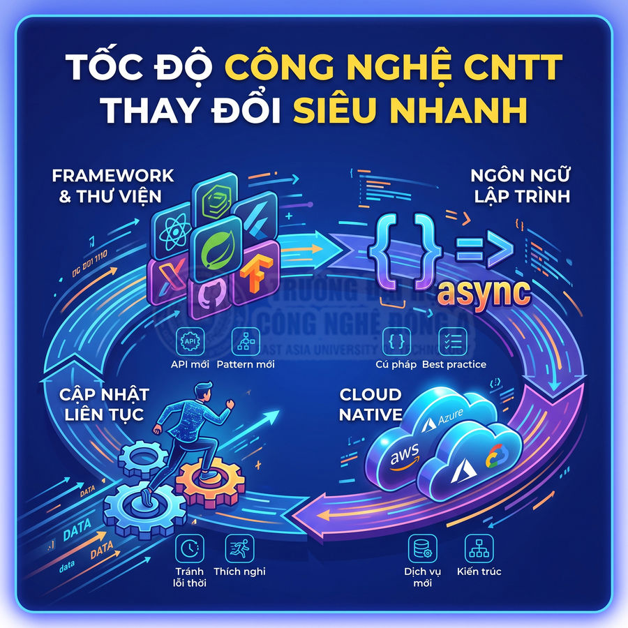 Minh họa tốc độ thay đổi công nghệ CNTT với framework, ngôn ngữ lập trình và nền tảng cloud AWS Azure