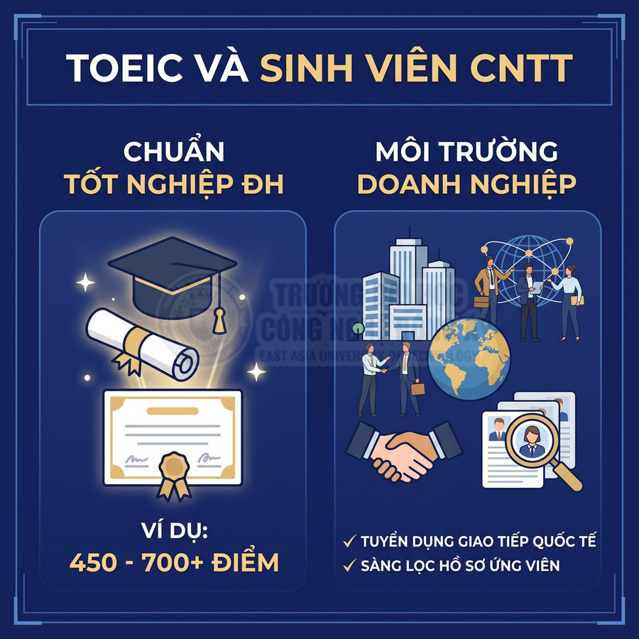Infographic TOEIC cho sinh viên CNTT, chuẩn tốt nghiệp đại học và yêu cầu điểm số trong môi trường doanh nghiệp