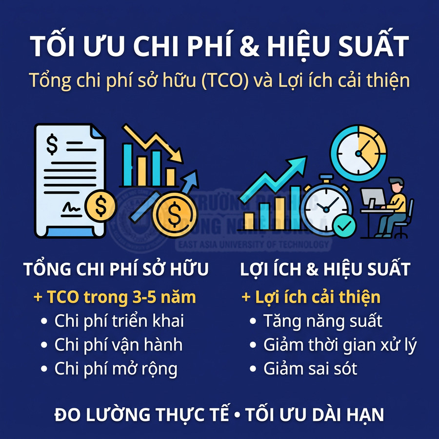 Tối ưu chi phí sở hữu TCO và hiệu suất với biểu tượng chi phí, biểu đồ tăng trưởng và đồng hồ đo năng suất