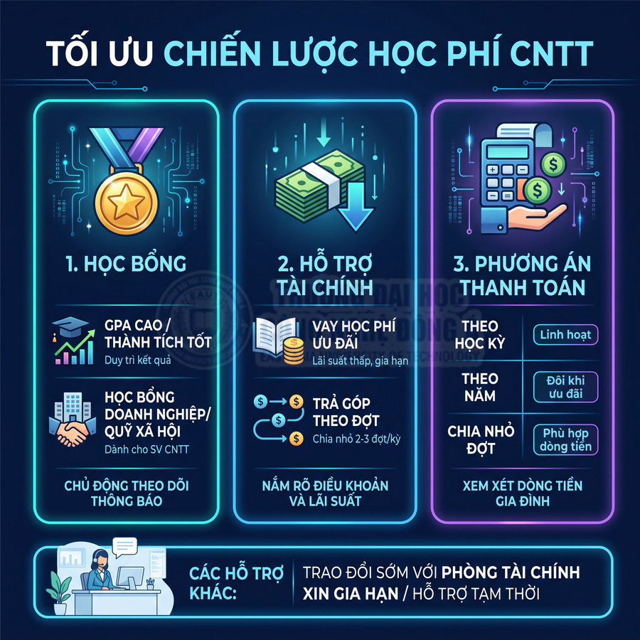 Infographic tối ưu chiến lược học phí CNTT với học bổng, hỗ trợ tài chính và các phương án thanh toán linh hoạt