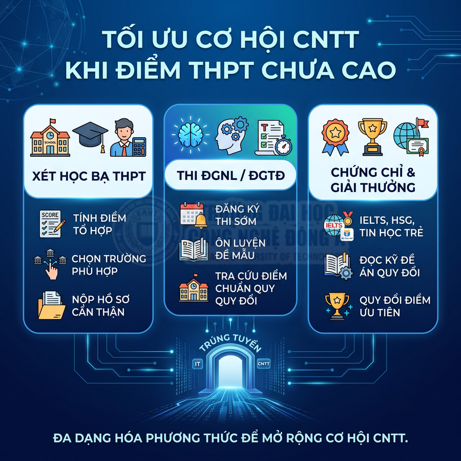 Infographic tối ưu cơ hội vào ngành CNTT với xét học bạ, thi ĐGNL ĐGTD và dùng chứng chỉ giải thưởng