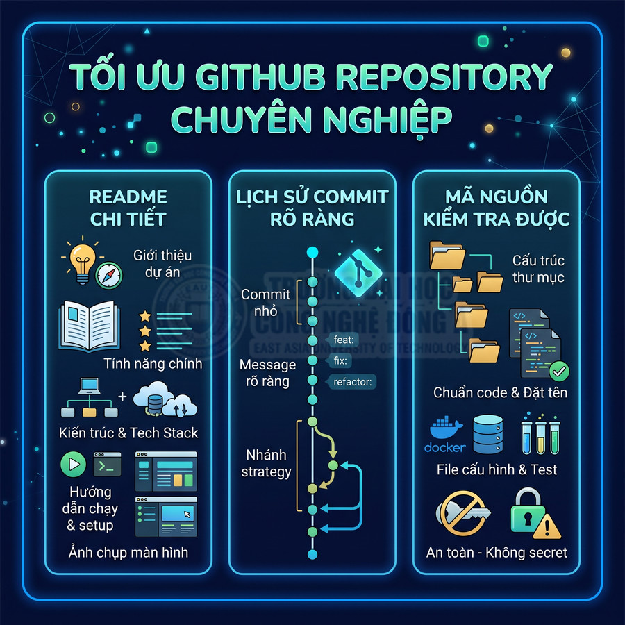 Infographic tối ưu GitHub repository chuyên nghiệp với README chi tiết, lịch sử commit rõ ràng và mã nguồn dễ kiểm tra