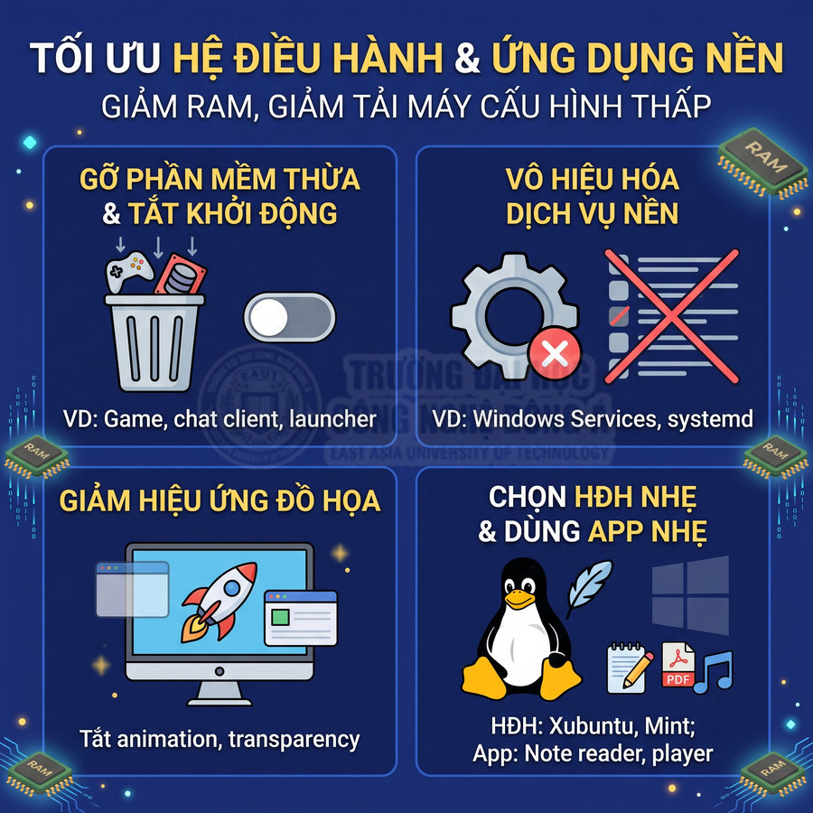 Hướng dẫn tối ưu hệ điều hành và ứng dụng nền để giảm RAM cho máy tính cấu hình thấp