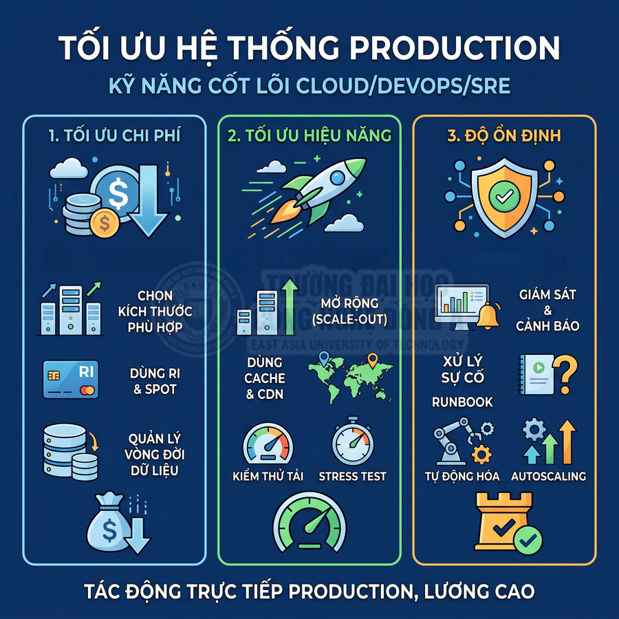 Infographic tối ưu hệ thống production với kỹ năng cốt lõi cloud DevOps SRE về chi phí hiệu năng và độ ổn định