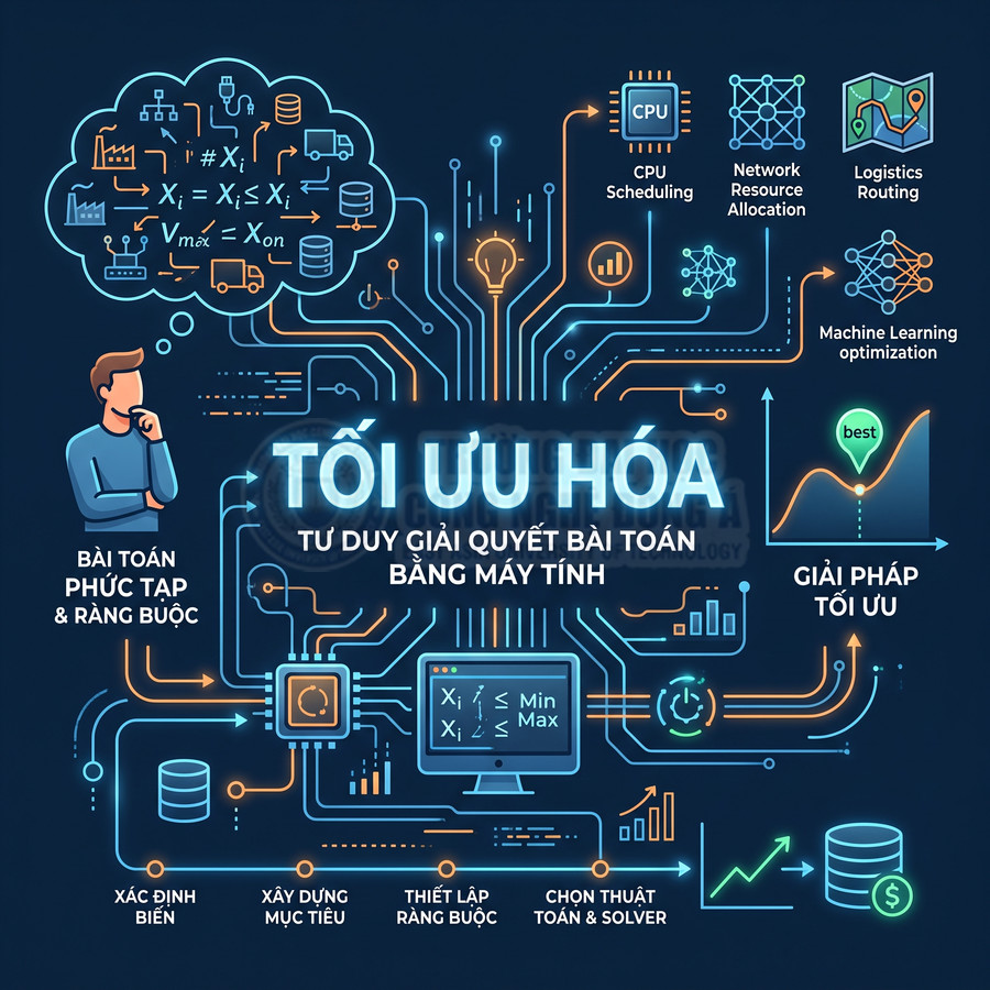Minh họa quy trình tối ưu hóa bài toán bằng máy tính với các bước xác định biến, mục tiêu, ràng buộc và thuật toán