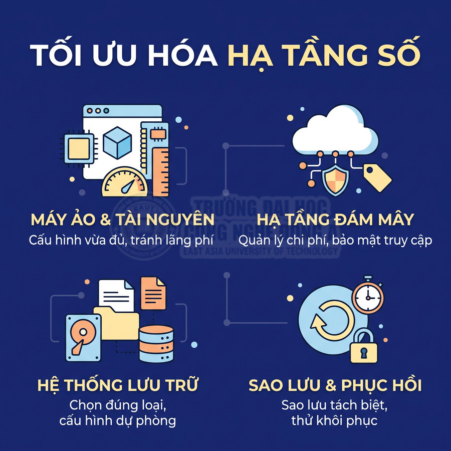 Các giải pháp tối ưu hóa hạ tầng số gồm máy ảo, điện toán đám mây, lưu trữ và sao lưu phục hồi