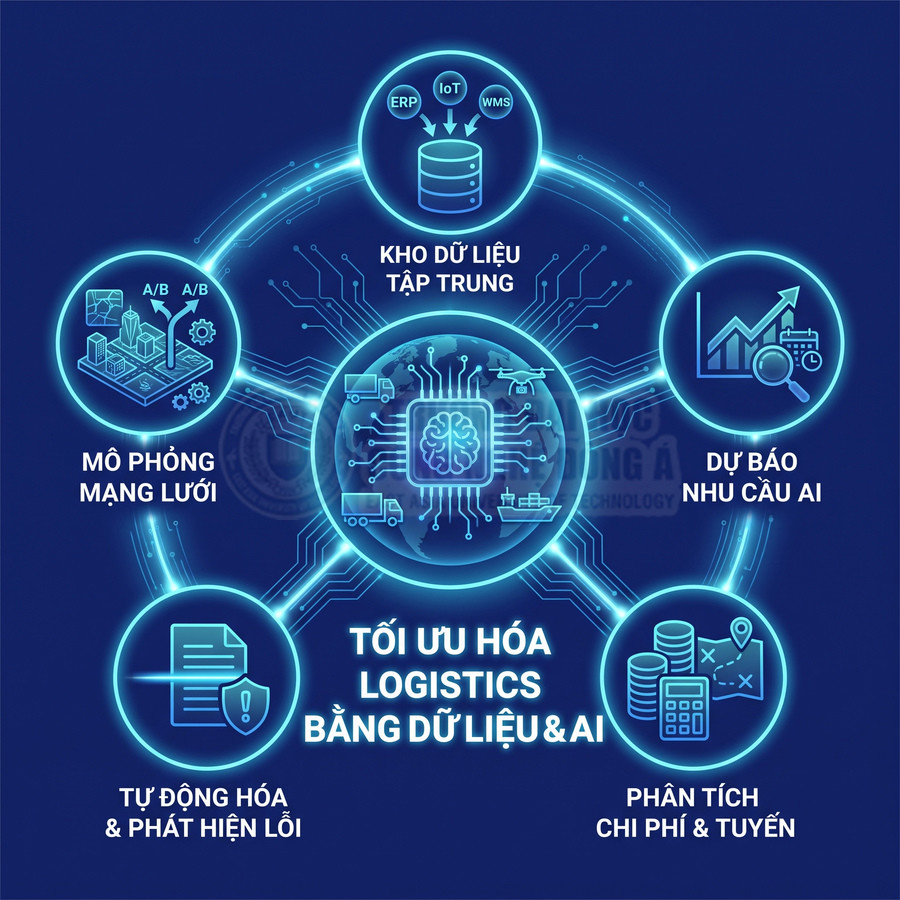 Giải pháp tối ưu hóa logistics bằng dữ liệu và AI với kho dữ liệu tập trung, mô phỏng mạng lưới, dự báo nhu cầu, tự động phát hiện lỗi và phân tích chi phí, tuyến vận chuyển