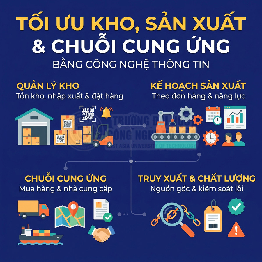 Đồ họa về công nghệ thông tin tối ưu quản lý kho, sản xuất và chuỗi cung ứng doanh nghiệp