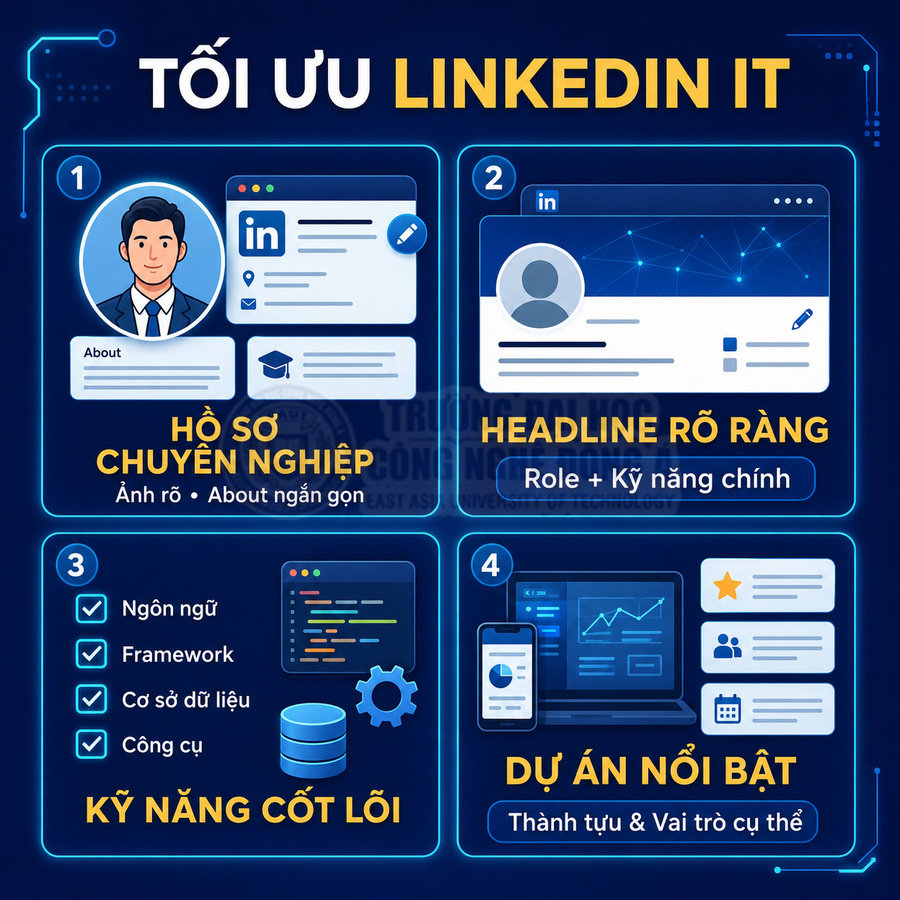 Hướng dẫn tối ưu hồ sơ LinkedIn IT với hồ sơ chuyên nghiệp, headline rõ ràng, kỹ năng cốt lõi và dự án nổi bật