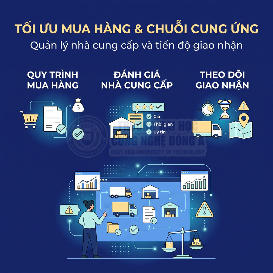 Minh họa quy trình tối ưu mua hàng và chuỗi cung ứng, từ quản lý nhà cung cấp đến theo dõi giao nhận hàng hóa