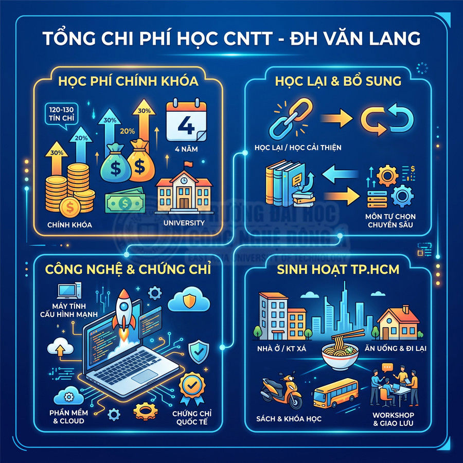 Tổng chi phí học ngành CNTT tại Đại học Văn Lang gồm học phí, công nghệ, chứng chỉ và sinh hoạt tại TP HCM