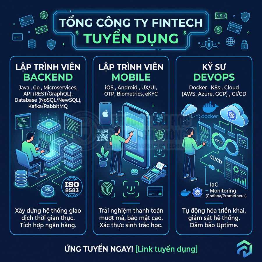 Poster tuyển dụng công ty fintech cho vị trí lập trình viên backend mobile và kỹ sư DevOps trong lĩnh vực tài chính số