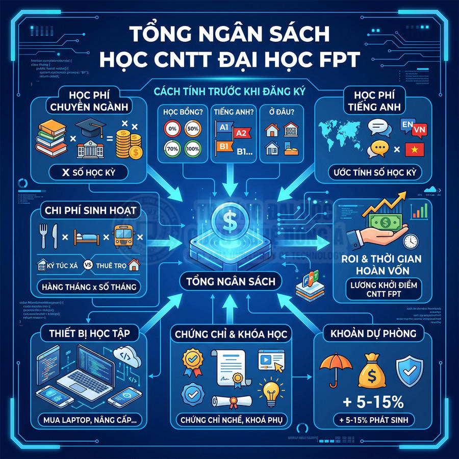 Tổng ngân sách học CNTT Đại học FPT với học phí, sinh hoạt, thiết bị học tập và các khoản dự phòng