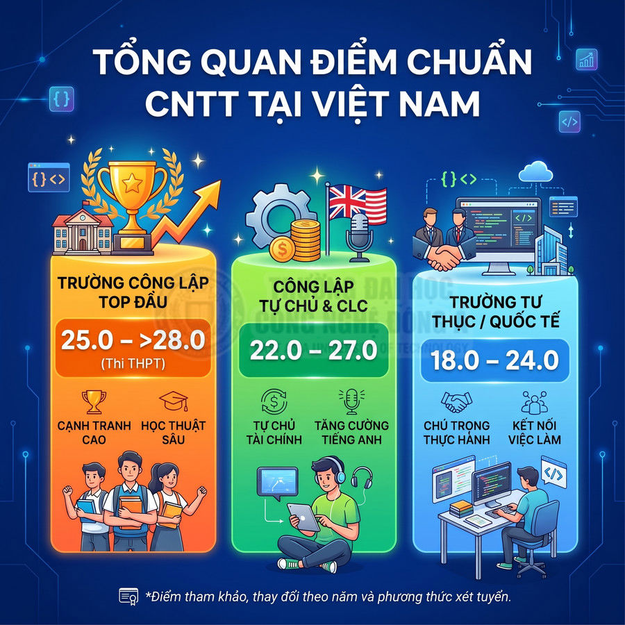 Infographic tổng quan điểm chuẩn ngành công nghệ thông tin tại Việt Nam cho công lập và trường quốc tế