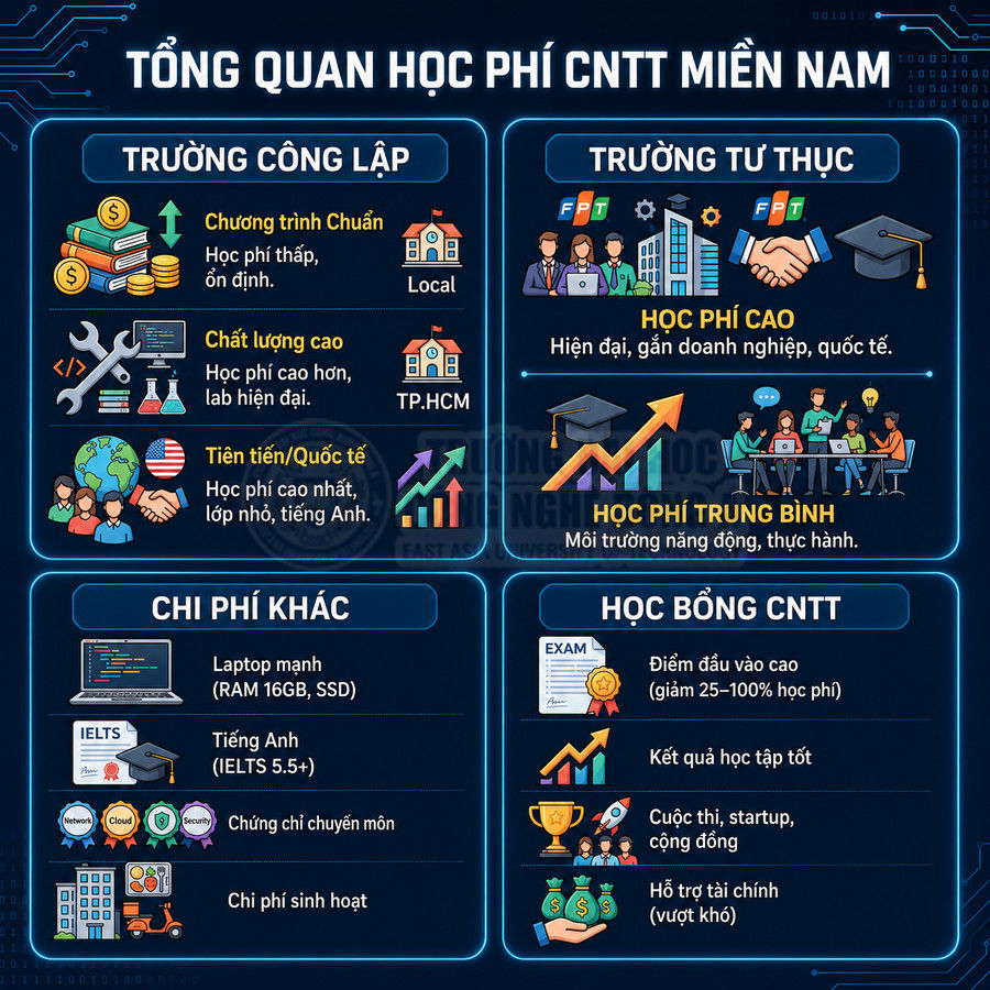 Infographic tổng quan học phí ngành CNTT miền Nam, so sánh trường công lập, tư thục, chi phí khác và học bổng