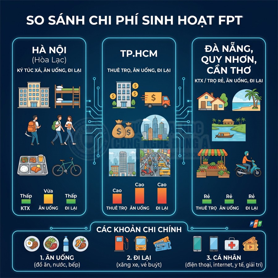 Infographic so sánh chi phí sinh hoạt sinh viên FPTU tại Hà Nội TP HCM Đà Nẵng Quy Nhơn Cần Thơ