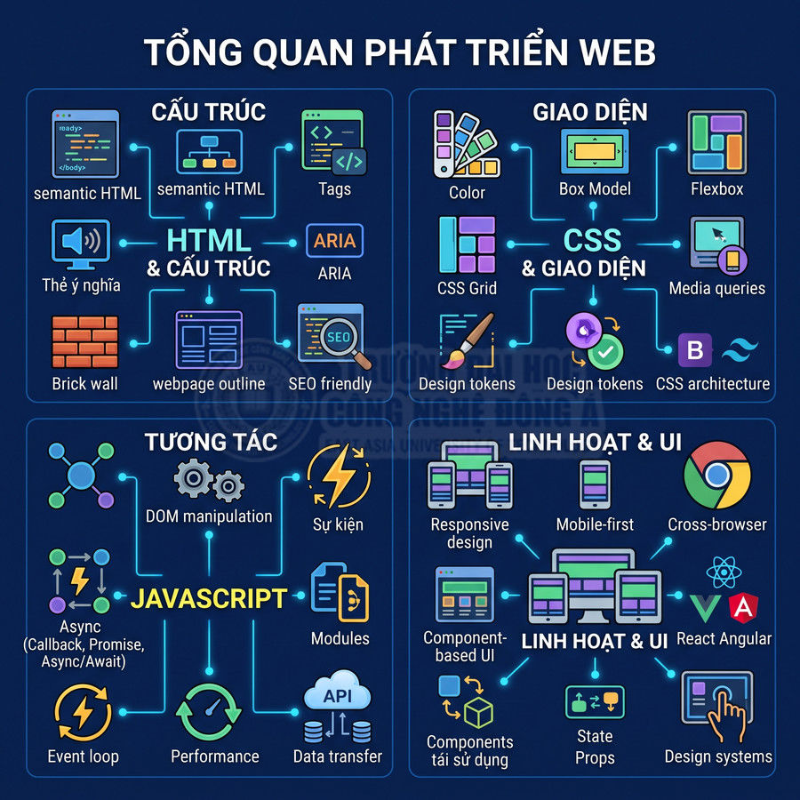 Tổng quan phát triển web với HTML cấu trúc, CSS giao diện, JavaScript tương tác và UI linh hoạt responsive
