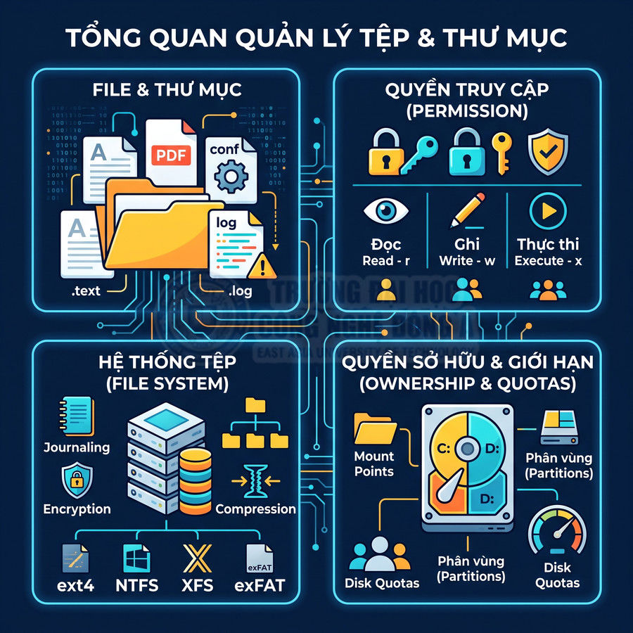 Tổng quan quản lý tệp và thư mục với quyền truy cập, hệ thống tệp, phân vùng và hạn ngạch ổ đĩa
