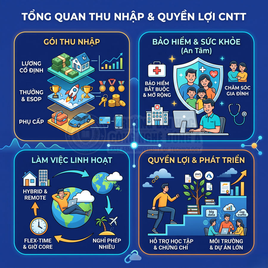 Tổng quan thu nhập và quyền lợi ngành CNTT với lương thưởng, bảo hiểm sức khỏe, làm việc linh hoạt và cơ hội phát triển