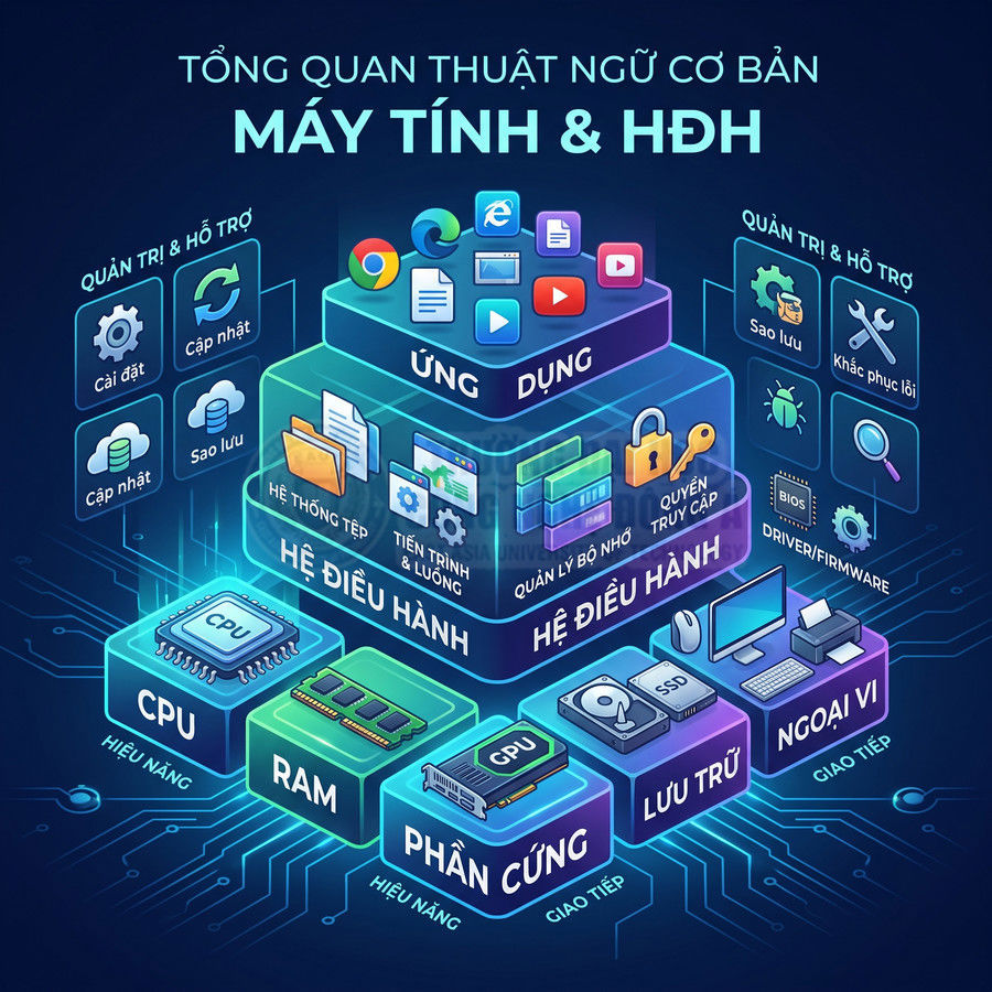Tổng quan thuật ngữ cơ bản máy tính và hệ điều hành với CPU RAM lưu trữ ứng dụng và quản trị hỗ trợ