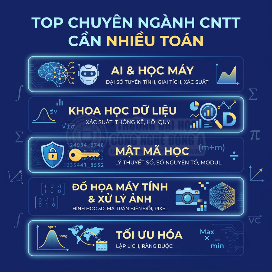 Infographic các chuyên ngành CNTT cần nhiều toán như AI, khoa học dữ liệu, mật mã, đồ họa máy tính và tối ưu hóa