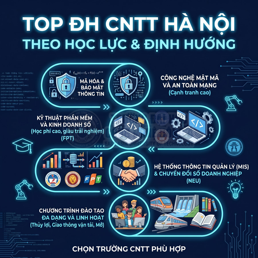Infographic top trường đại học CNTT Hà Nội theo học lực và định hướng ngành, gợi ý chọn trường phù hợp