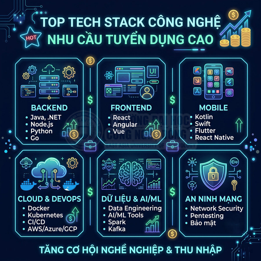Top tech stack công nghệ hot: backend, frontend, mobile, cloud devops, dữ liệu AI ML, an ninh mạng tuyển dụng cao