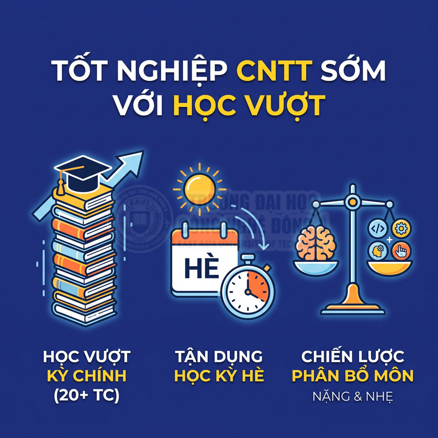 Poster hướng dẫn học vượt ngành CNTT với hình minh họa sách, lịch học hè và cân não bộ phân bổ môn học