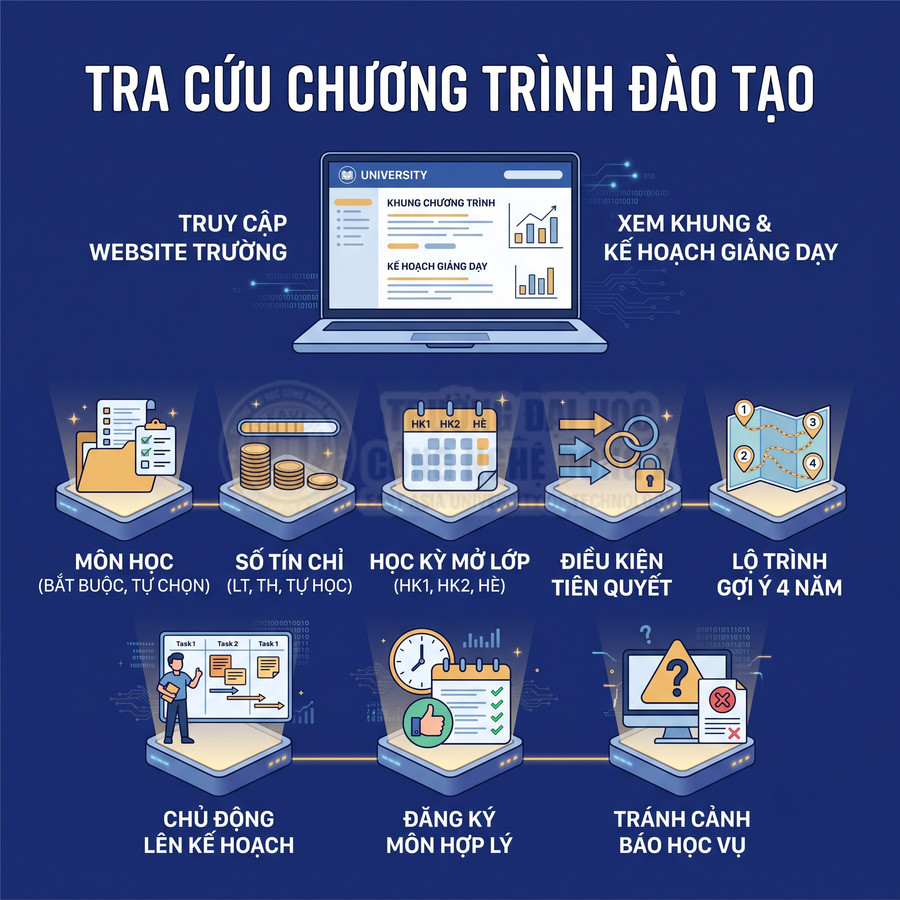 Infographic tra cứu chương trình đào tạo đại học, xem khung kế hoạch giảng dạy và đăng ký môn học hợp lý
