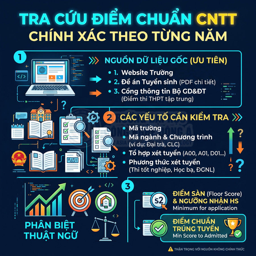 Hướng dẫn tra cứu điểm chuẩn ngành Công nghệ thông tin theo từng năm với nguồn dữ liệu và yếu tố cần kiểm tra