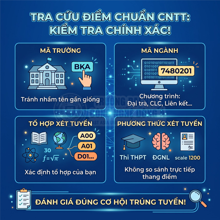 Hướng dẫn tra cứu điểm chuẩn ngành CNTT với mã trường, mã ngành, tổ hợp và phương thức xét tuyển