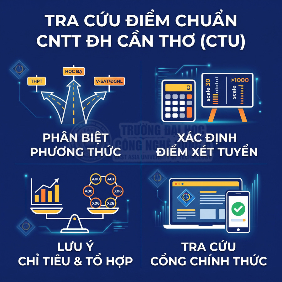Hướng dẫn tra cứu điểm chuẩn CNTT Đại học Cần Thơ với phân biệt phương thức, điểm xét tuyển, chỉ tiêu và tra cứu chính thức