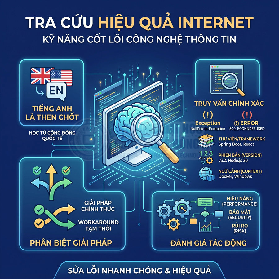 Minh họa kỹ năng tra cứu hiệu quả trên internet cho dân IT với tiếng Anh, truy vấn chính xác và đánh giá giải pháp