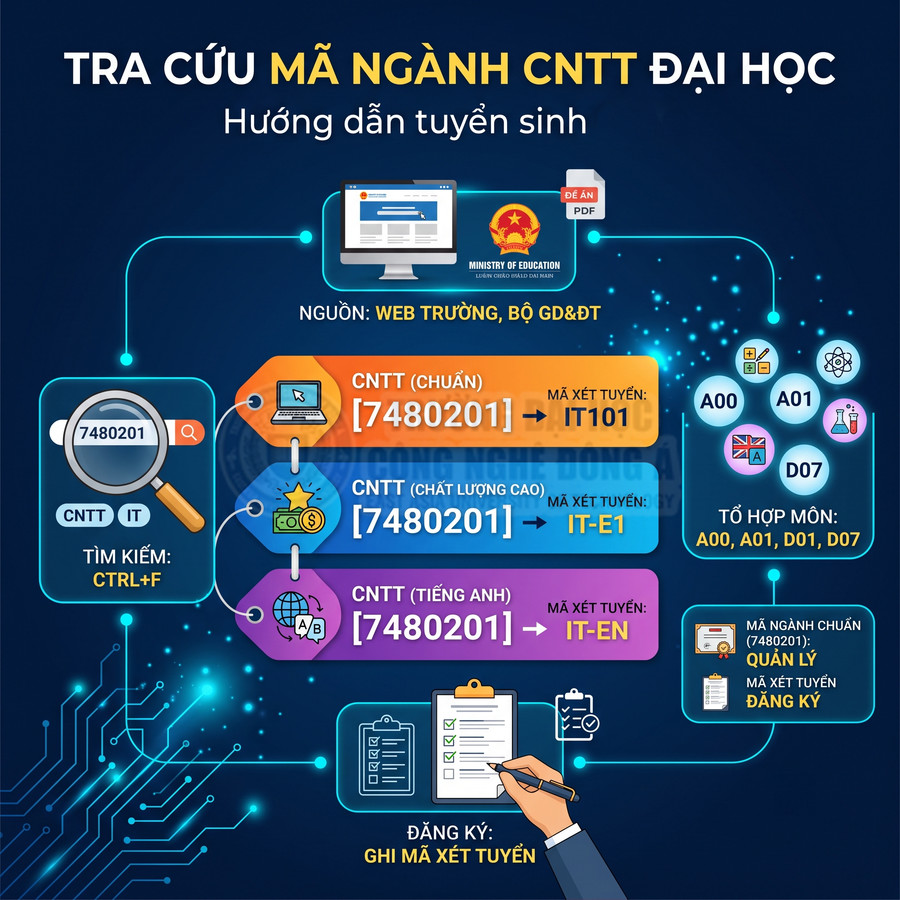 Hướng dẫn tra cứu và đăng ký mã ngành CNTT đại học, các mã xét tuyển IT101, IT-E1, IT-EN và tổ hợp môn A00, A01, D01, D07