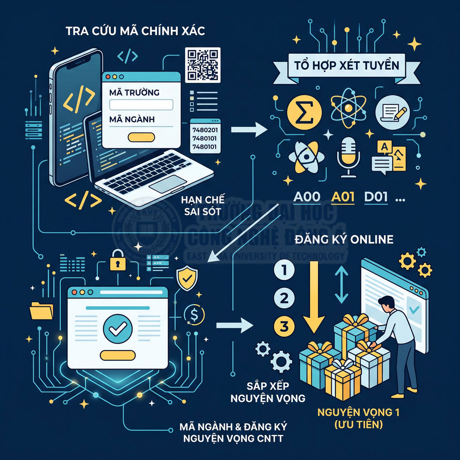 Minh họa quy trình tra cứu mã ngành và đăng ký xét tuyển đại học công nghệ thông tin online