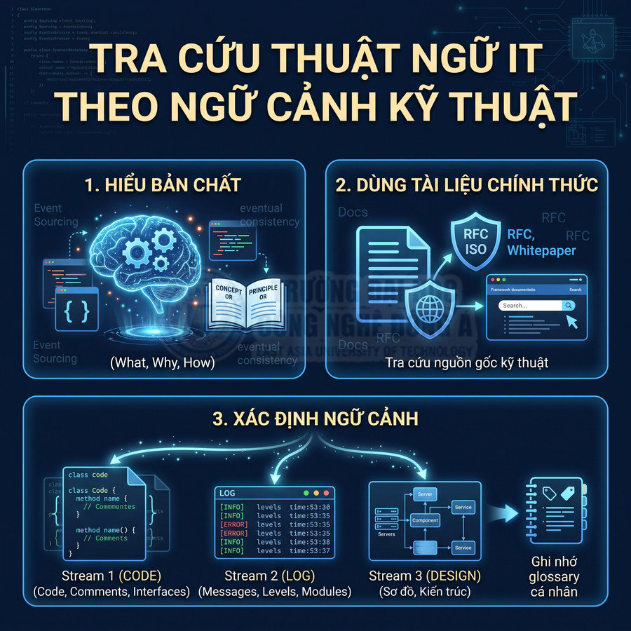 Infographic hướng dẫn tra cứu thuật ngữ IT theo ngữ cảnh kỹ thuật với các bước hiểu bản chất, dùng tài liệu, xác định ngữ cảnh