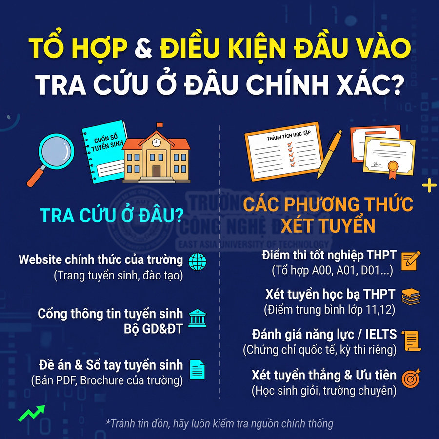 Hướng dẫn tra cứu tổ hợp và điều kiện xét tuyển đại học từ website trường, cổng Bộ GD&ĐT và sổ tay tuyển sinh