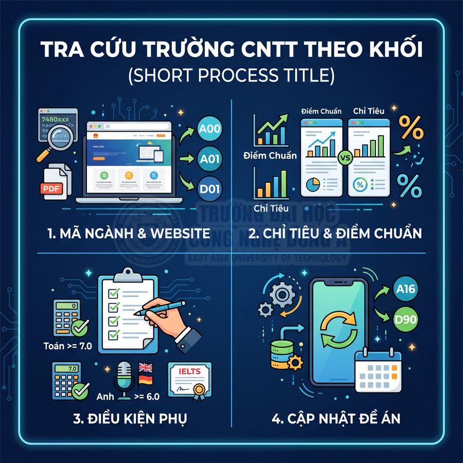 Hướng dẫn tra cứu trường CNTT theo khối với mã ngành, chỉ tiêu, điều kiện phụ và cập nhật đề án tuyển sinh