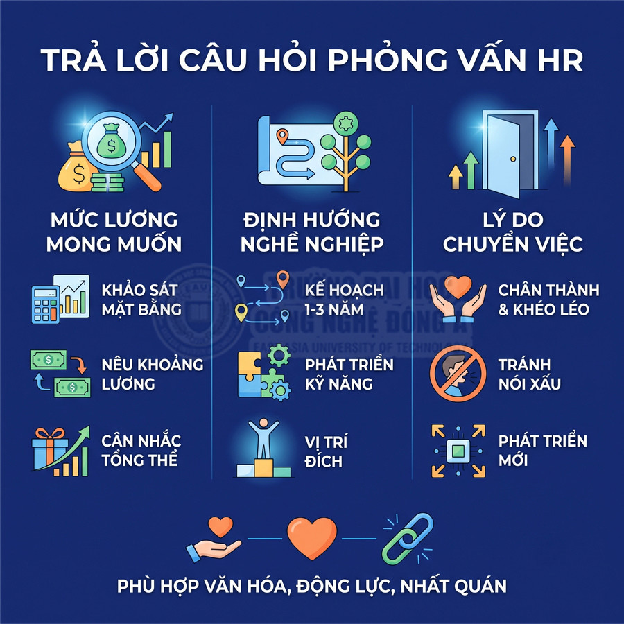 Infographic mẹo trả lời câu hỏi phỏng vấn HR về mức lương, định hướng nghề nghiệp và lý do chuyển việc