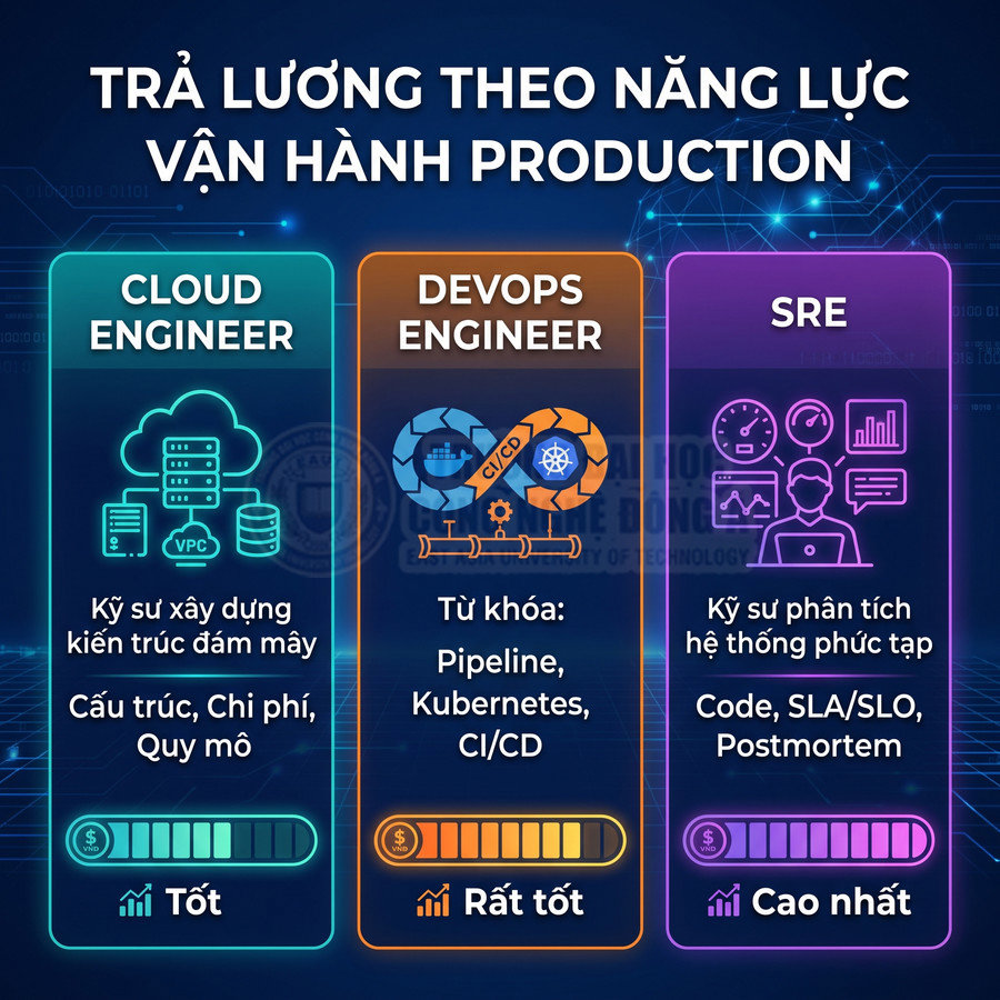 So sánh mức lương Cloud Engineer, DevOps Engineer và SRE theo năng lực vận hành production