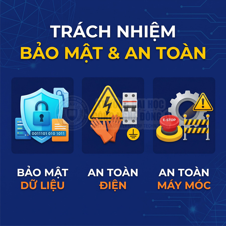 Trách nhiệm bảo mật và an toàn gồm bảo mật dữ liệu, an toàn điện và an toàn máy móc