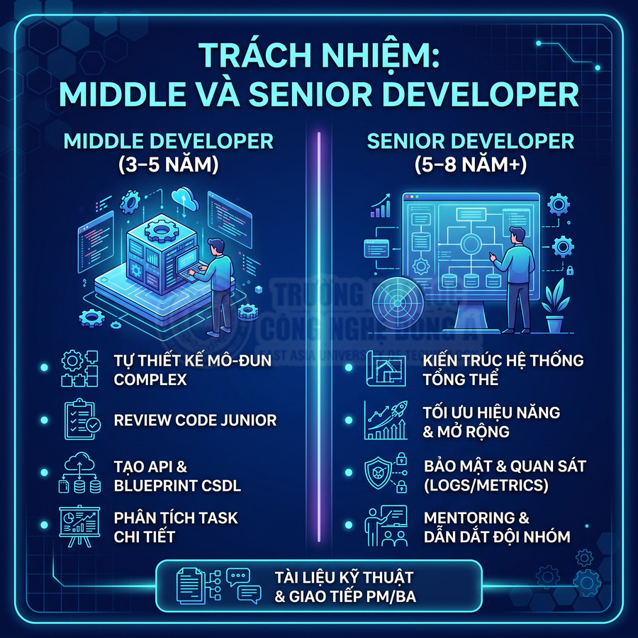 So sánh trách nhiệm middle developer và senior developer trong phát triển phần mềm, minh họa bằng đồ họa hiện đại