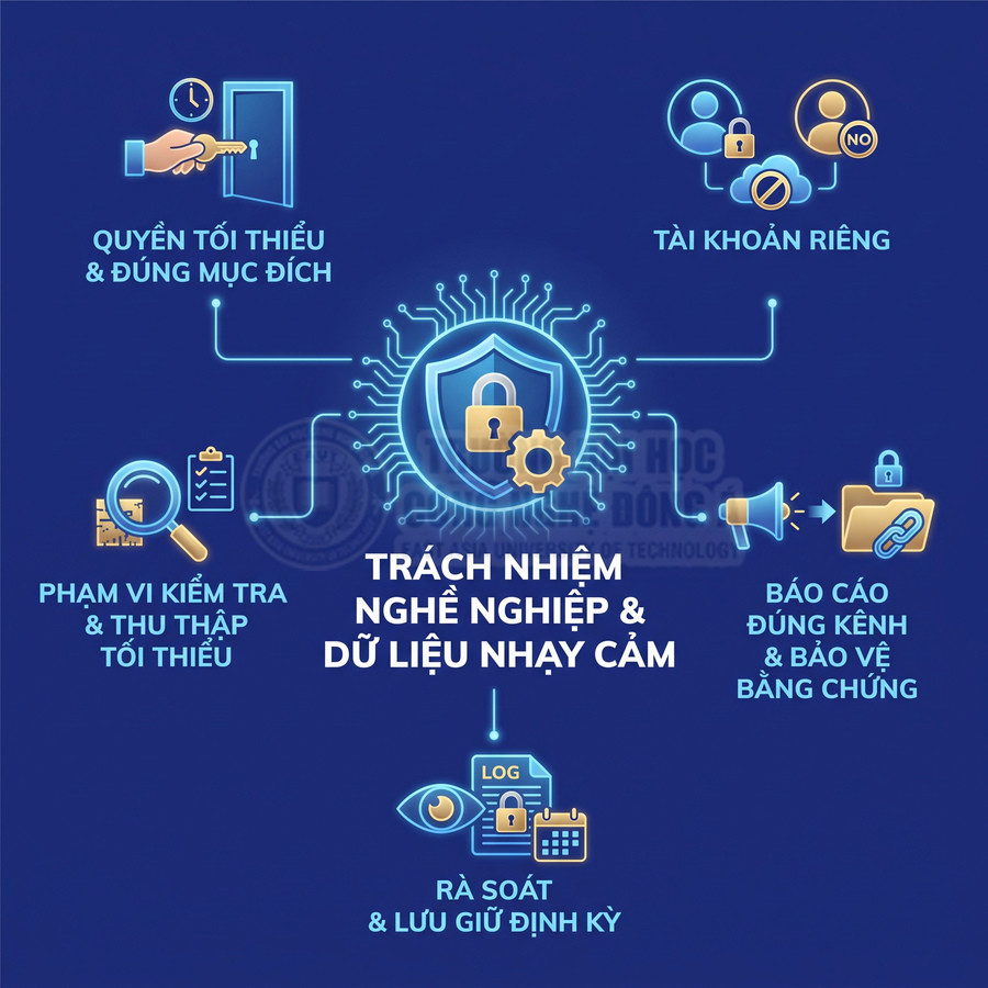 Trách nhiệm bảo vệ dữ liệu nhạy cảm với quyền tối thiểu, tài khoản riêng, báo cáo đúng kênh và rà soát định kỳ