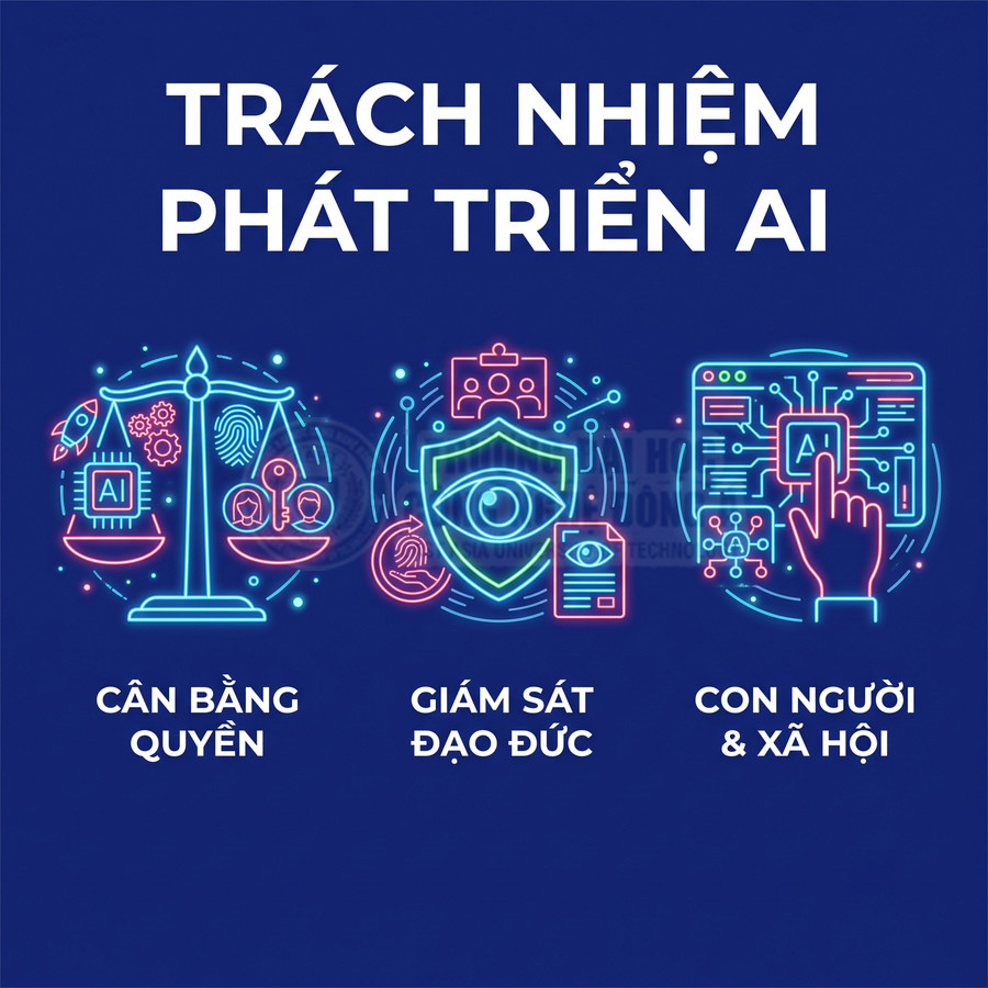 Minh họa trách nhiệm phát triển AI với cân bằng quyền, giám sát đạo đức và tác động con người xã hội