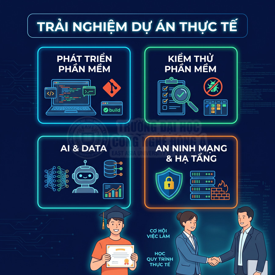 Poster giới thiệu chương trình học công nghệ thông tin với các mảng dự án thực tế và cơ hội việc làm