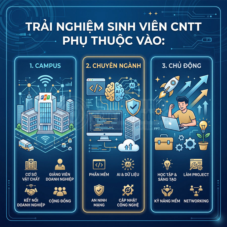 Infographic trải nghiệm sinh viên CNTT FPT với các yếu tố campus, chuyên ngành, chủ động học và làm project